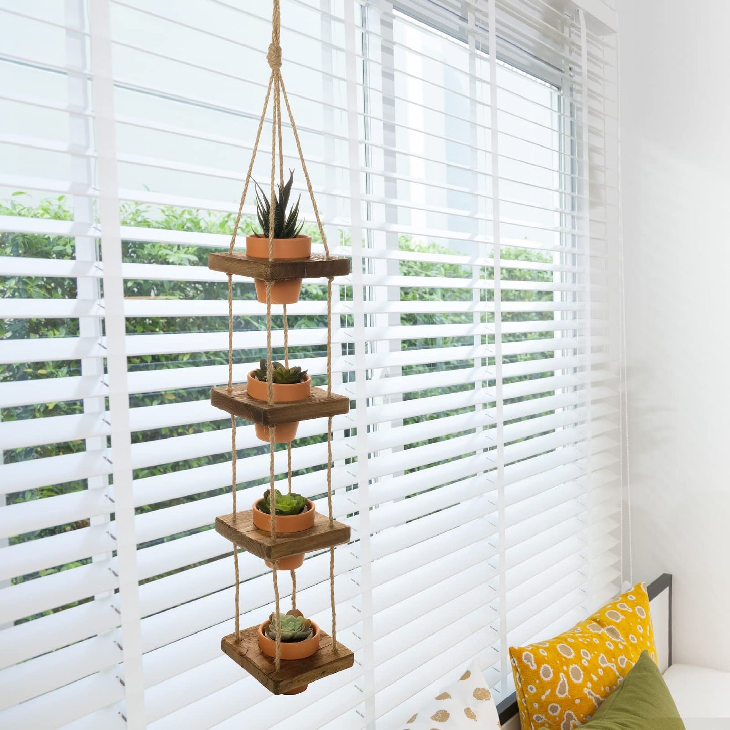 EXCELLO GLOBAL PRODUCTS Rustic 4-Tier Wooden Hanging Planter with Distressed Finish - Farmhouse Style. Comes with 4 Terracotta Pots, Ready for Hanging.