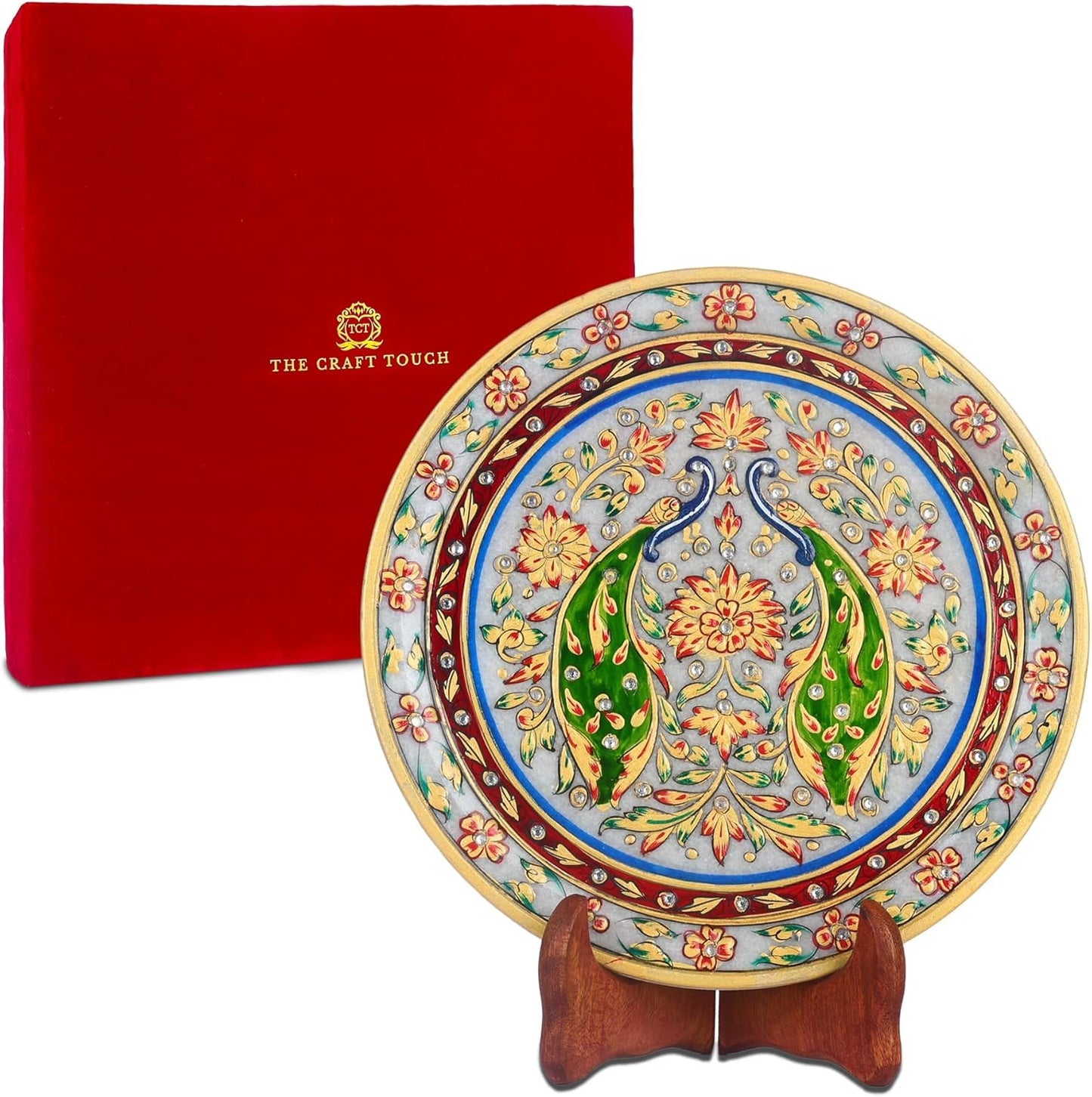 Handcrafted Marble Decorative Art, 9 Inch – Hand-Painted Gold Peacock & Floral , Indian Art Display Accent for Living Room, Entryway & Office & Housewarming Gift (Royal Peacock With Velvet Box)