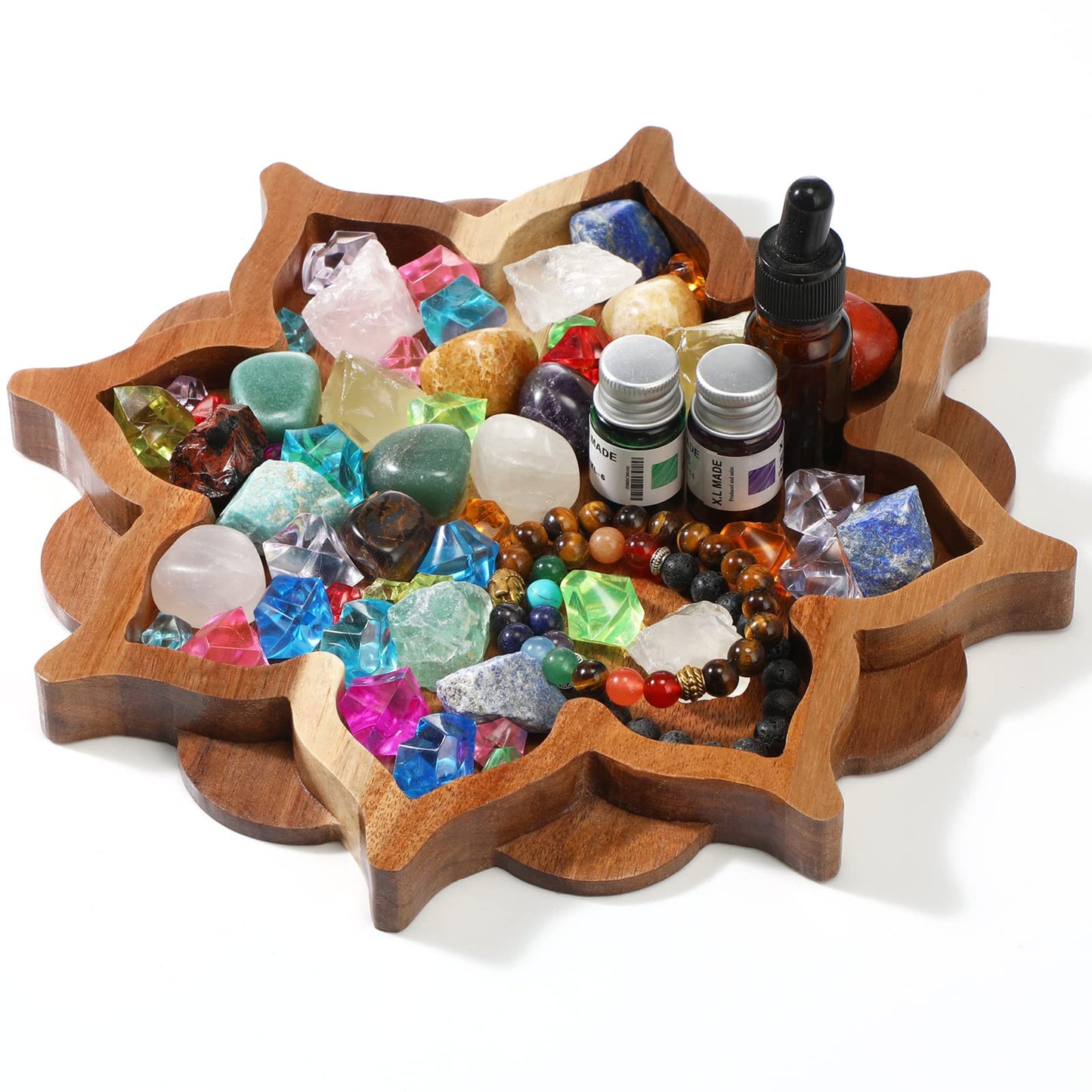 Vesici Lotus Crystal Tray for Stones Crystals and Healing Stones Flower Wooden Crystal Storage Holder Tray Lotus Shape Decorative Jewelry Display Trays Organizer Bowl Decor(Elegant)
