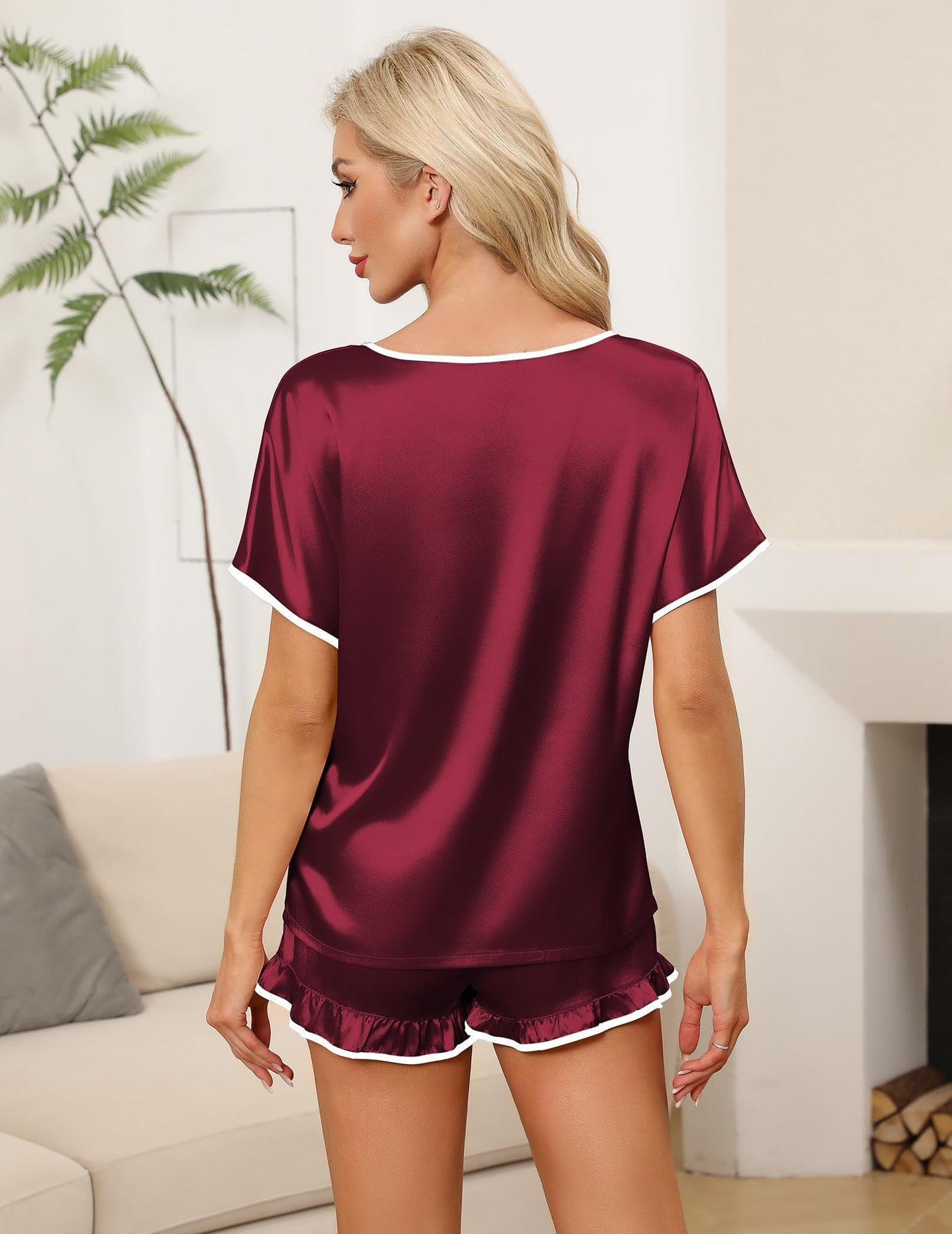 Ekouaer Satin Pajama Set for Women 2 Piece Silk Pjs Soft Short Sleeve Sleepwear Top with Ruffle Shorts S-XXL