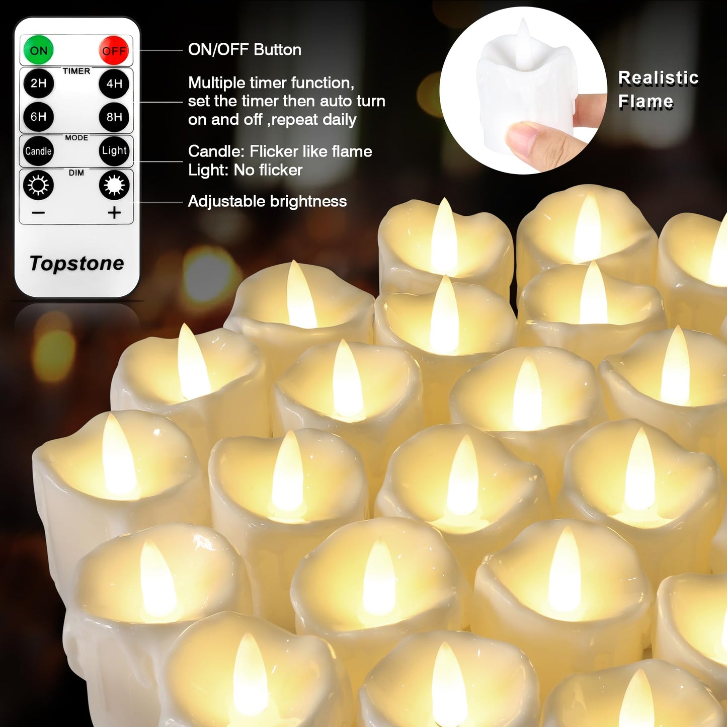 Topstone Flameless Candles with Remote Control，Battery Operated LED Candles with Timer & Dimmable Function, Realistic Wax Dripping Design, Perfect for Home Decor, Wedding, Christmas Decorations (24)