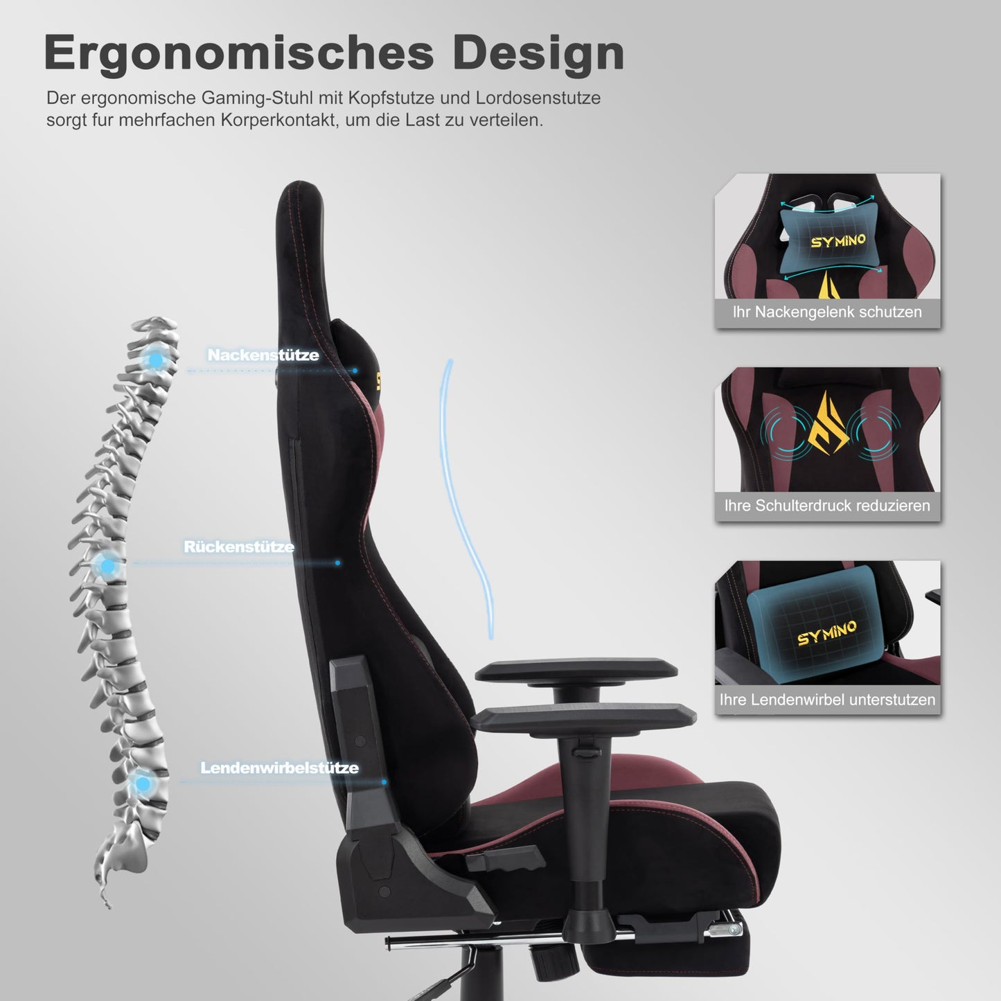 Symino Gamer Chair, Two-Tone Design, Wrap Seat, Lumbar Support & Head, 150° Tilt, Gas Class 3 SGS, 150 kg (Faux Suede, Black Red)