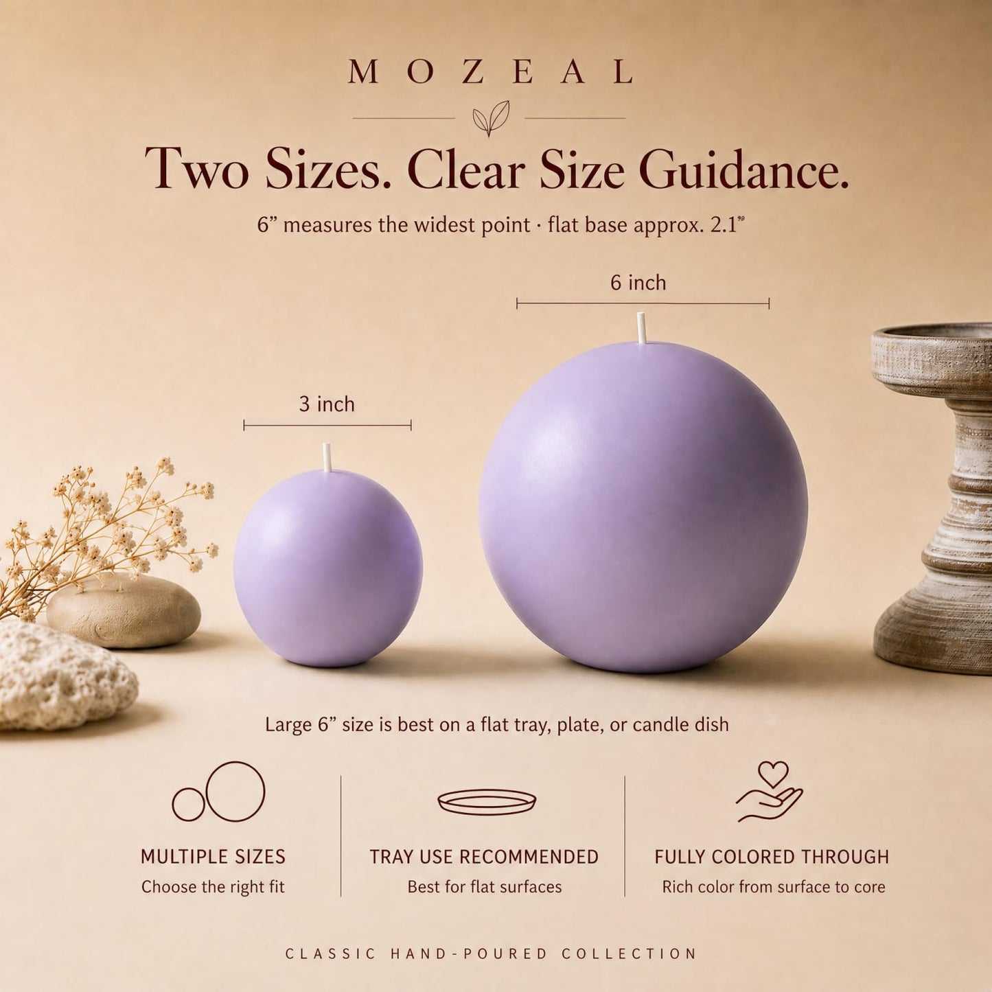 MOZEAL Hand-Poured, 3 Inch Lavender Round Ball Candles - Elegant Lavender Round Pillar Candles Set of 3, Dripless, Unscented, Smokeless, Ideal for Spa and Relaxation Themes.
