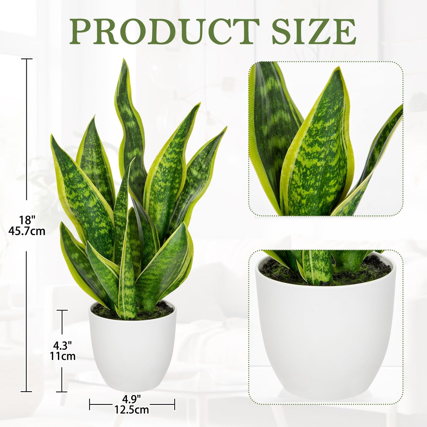 Hollyone Artificial Snake Plant Potted Faux Sansevieria Trifasciata Plants, 18" Tropical Fake Plants in White Pots for Home Office Room Indoor Decor Housewarming Gifts