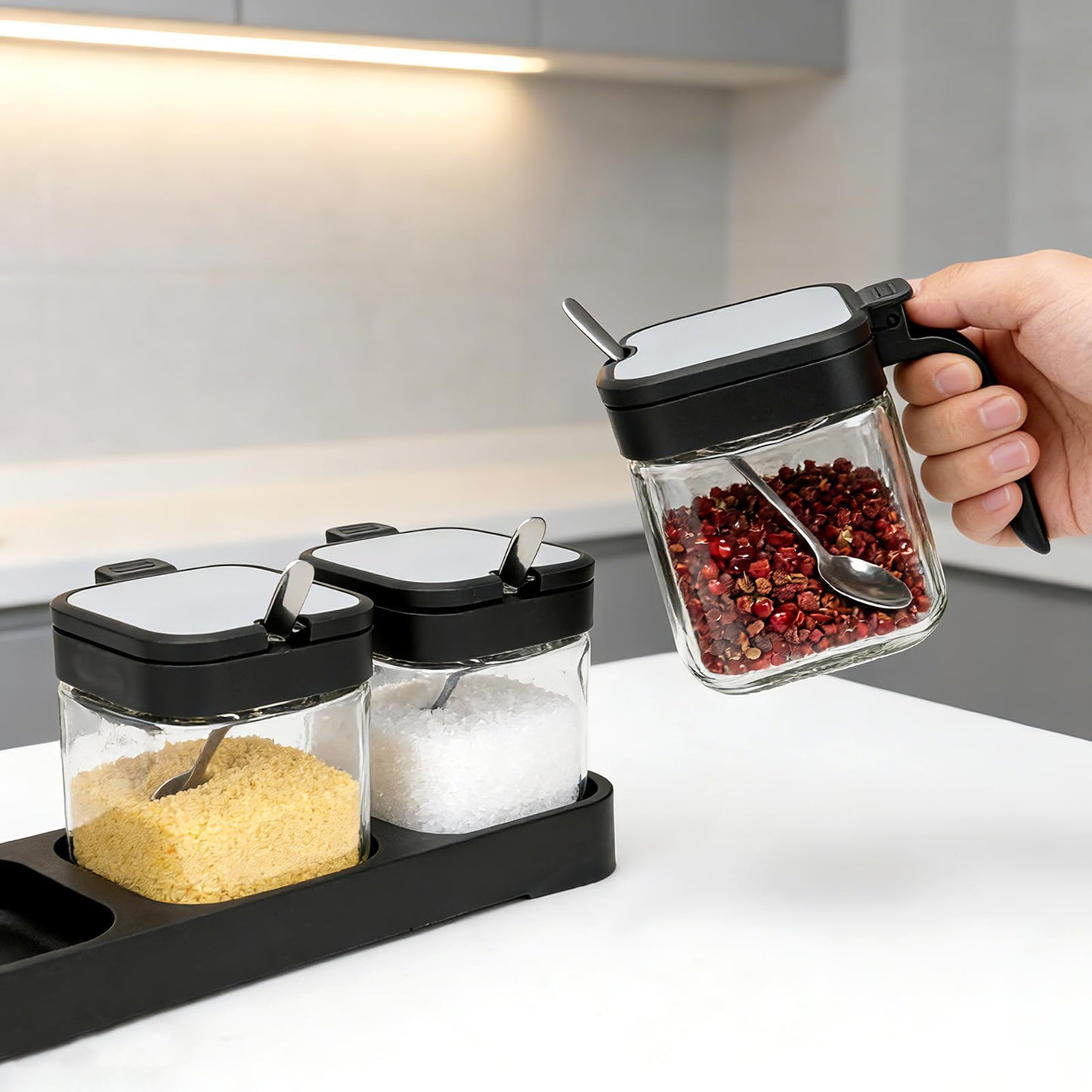 JBESUHI Set of 3 Black 8.6oz Clear Glass Condiment Jars with Lids & Spoons - Spice Canisters, Salt & Sugar Bowls for Kitchen Seasoning Storage