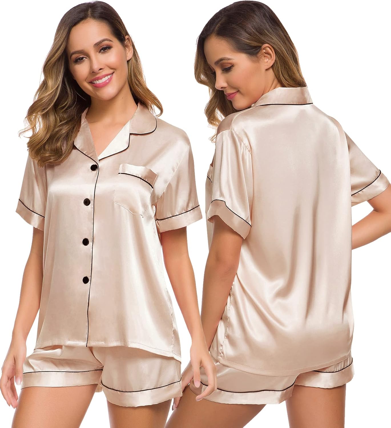 SWOMOG Womens Silk Satin Pajamas Set Short Sleeve Sleepwear Button Down Top and Shorts Loungewear 2 Piece Pjs Set XS-3XL