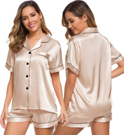 SWOMOG Womens Silk Satin Pajamas Set Short Sleeve Sleepwear Button Down Top and Shorts Loungewear 2 Piece Pjs Set XS-3XL