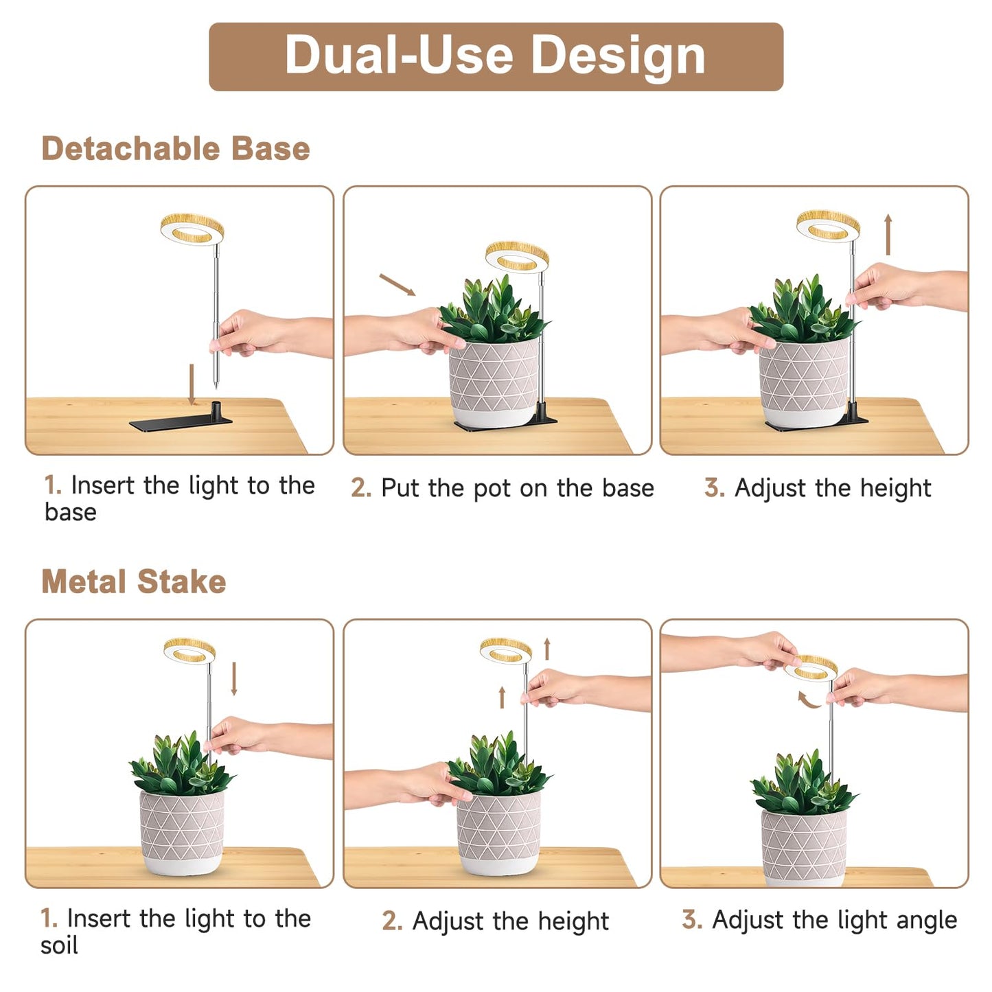Kullinss Grow Light, 48 LEDs Full Spectrum Plant Lights for Indoor Growing with Base, Wood Grain Small Plant Growing Lamp with 6/12/16H Timer, 3 Color Modes, 5 Brightness, 6.5"-26" Height Adjustable