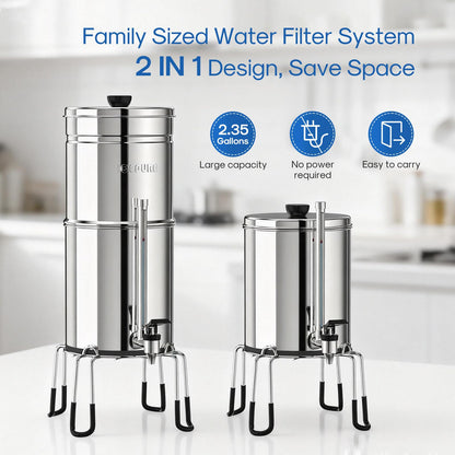 ICEPURE 2.25G Gravity-fed Water Filter System with Sight Glass Spigot, 304 Stainless Steel Countertop System, 2 Black Carbon Filters and Stand, Reduce 99% Chlorine, Lead for Home, Camping, Emergencies