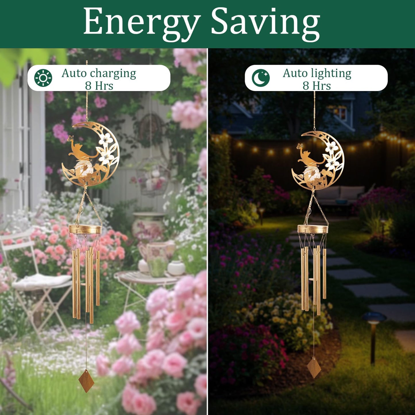 Moon Cat Wind Chime Outdoor 3-Chord, Handmade Metal Garden Wind Chimes with Cat Charms, Melodic Weatherproof Wind Bell for Patio Porch Decor, Unique Gift for Cat Lovers (Silver)