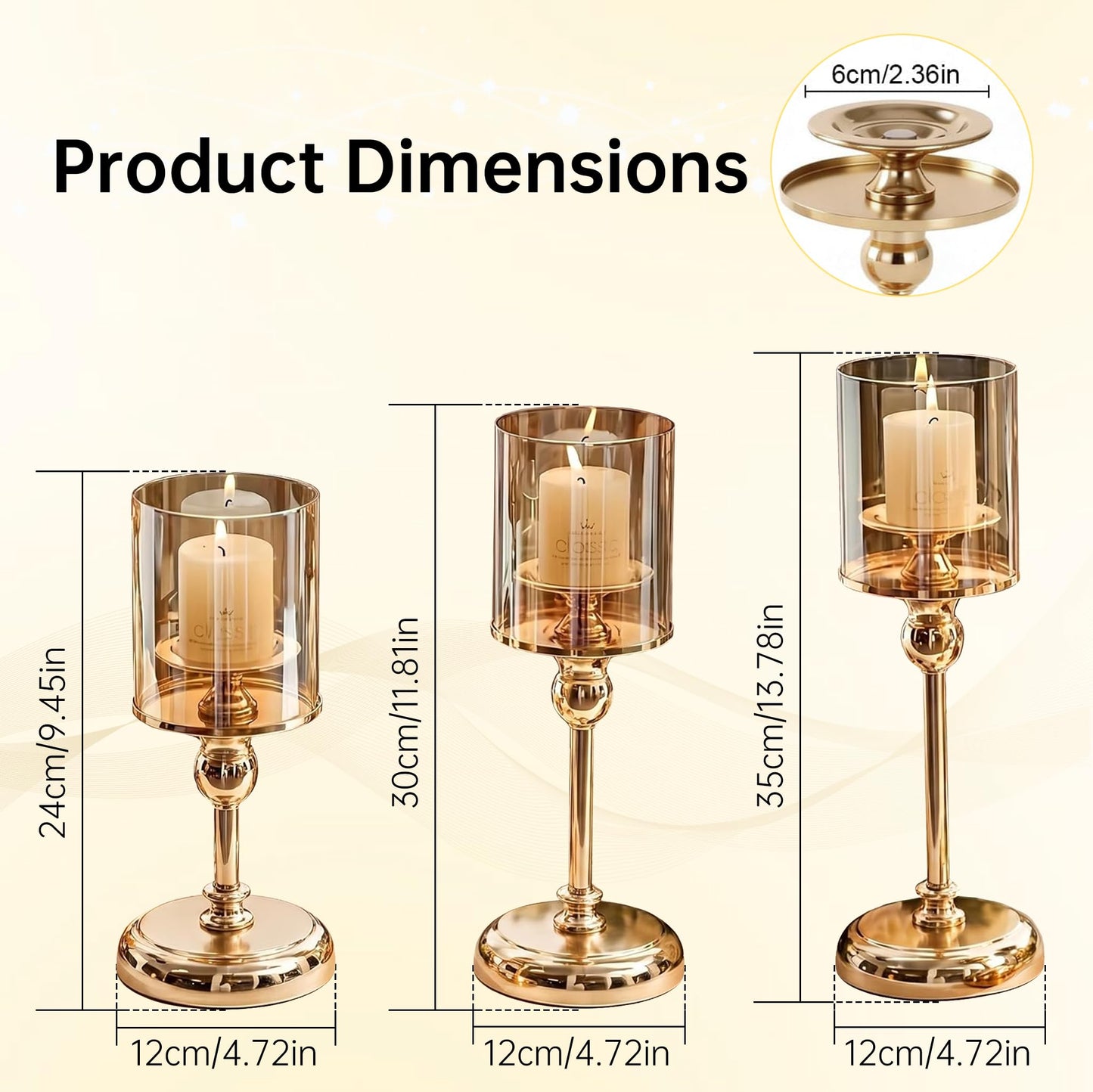 Oakernel Gold Hurricane Candle Holders - Set of 3 Tall Candlestick Holders Windproof Taper Candle Holders, Metal Stand for Table Centerpiece Outdoor Indoor Wedding Party Holiday Decor