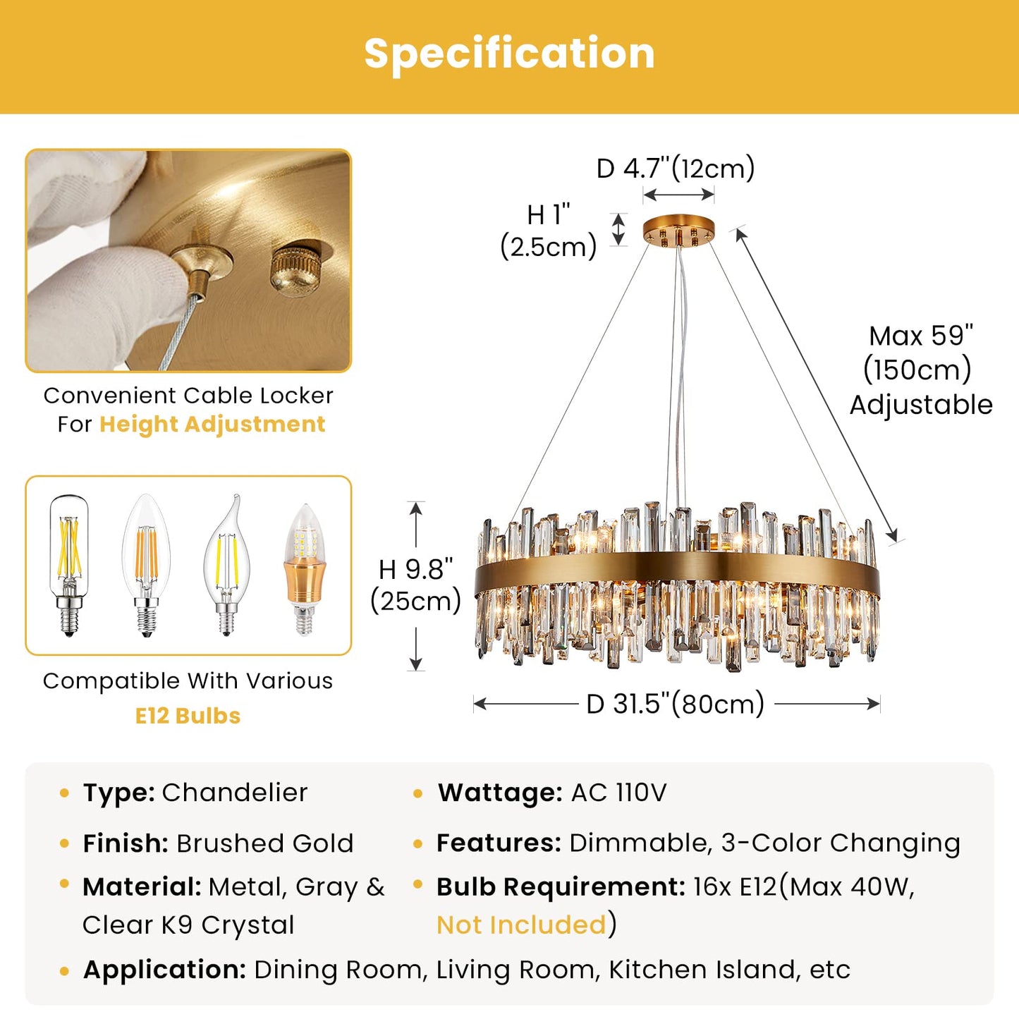 Siljoy Modern Crystal Chandelier, 16-Light Luxury Brass Gold 2-Tiers K9 Crystal Raindrop Chandelier Dimmable Crystal Pendant Ceiling Light for Dining Living Room Kitchen Island Entry Foyer D31.5''