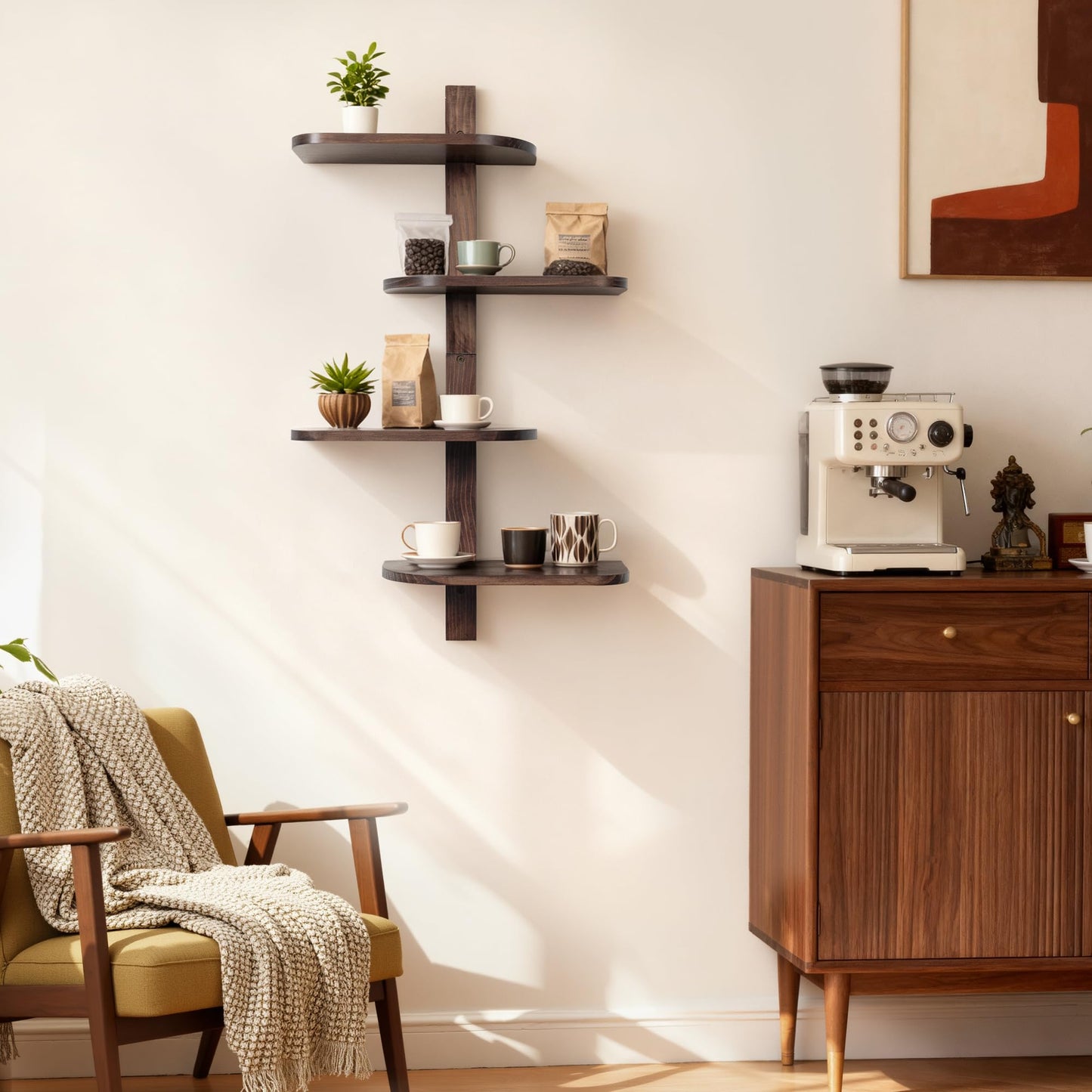 Afuly Mid Century Modern Decor Floating Shelves Walnut Display Shelf Wall Unit Solid Wood Decorative Shelving Home Decor Living Room Bedroom Coffee Bar Bathroom Plant Photo Set of 4