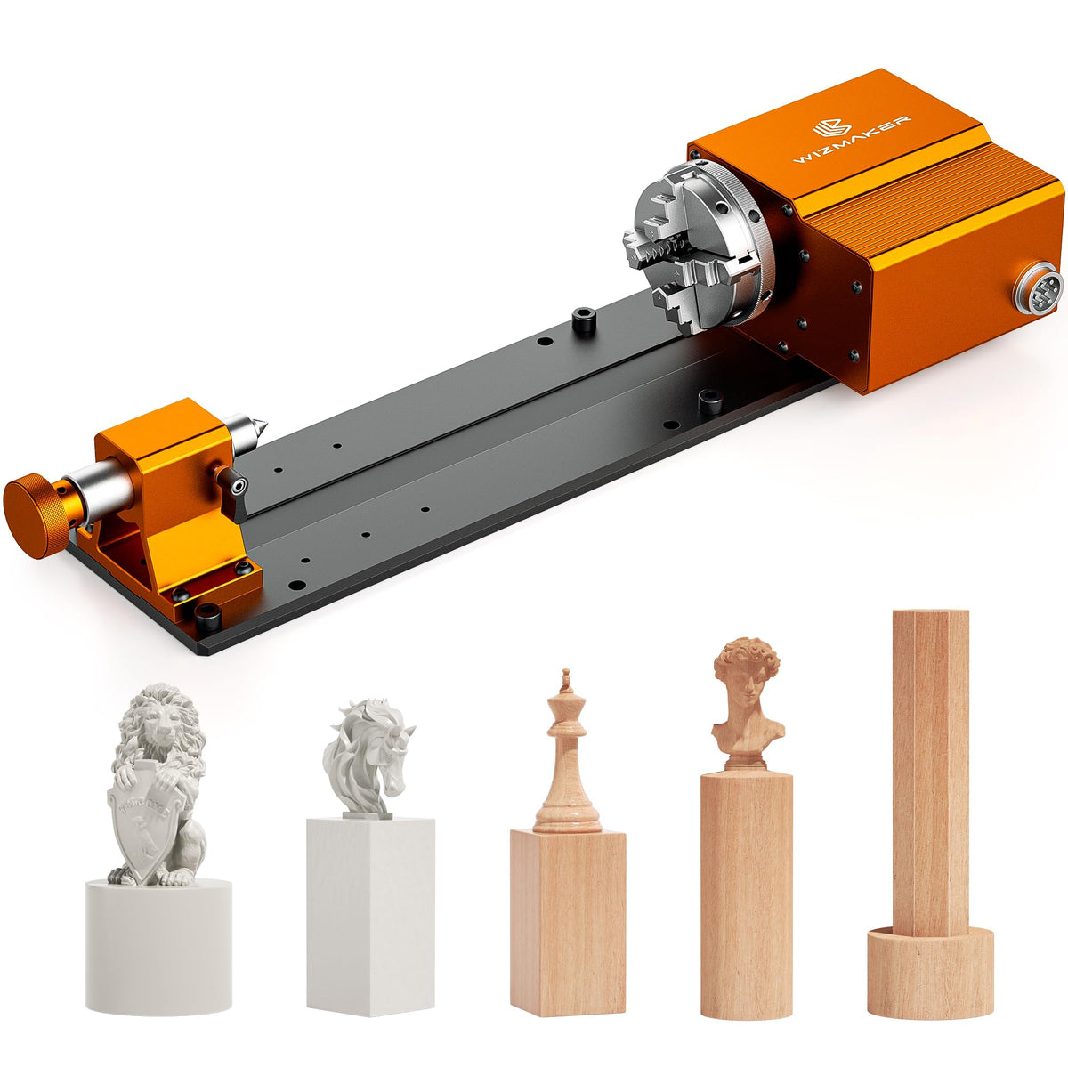 Wizmaker 4th Axis, CNC router engraving machine rotating 4th axis, belt reduction ratio: 1:4 (18:72) chuck diameter 4mm-63mm maximum length 190mm