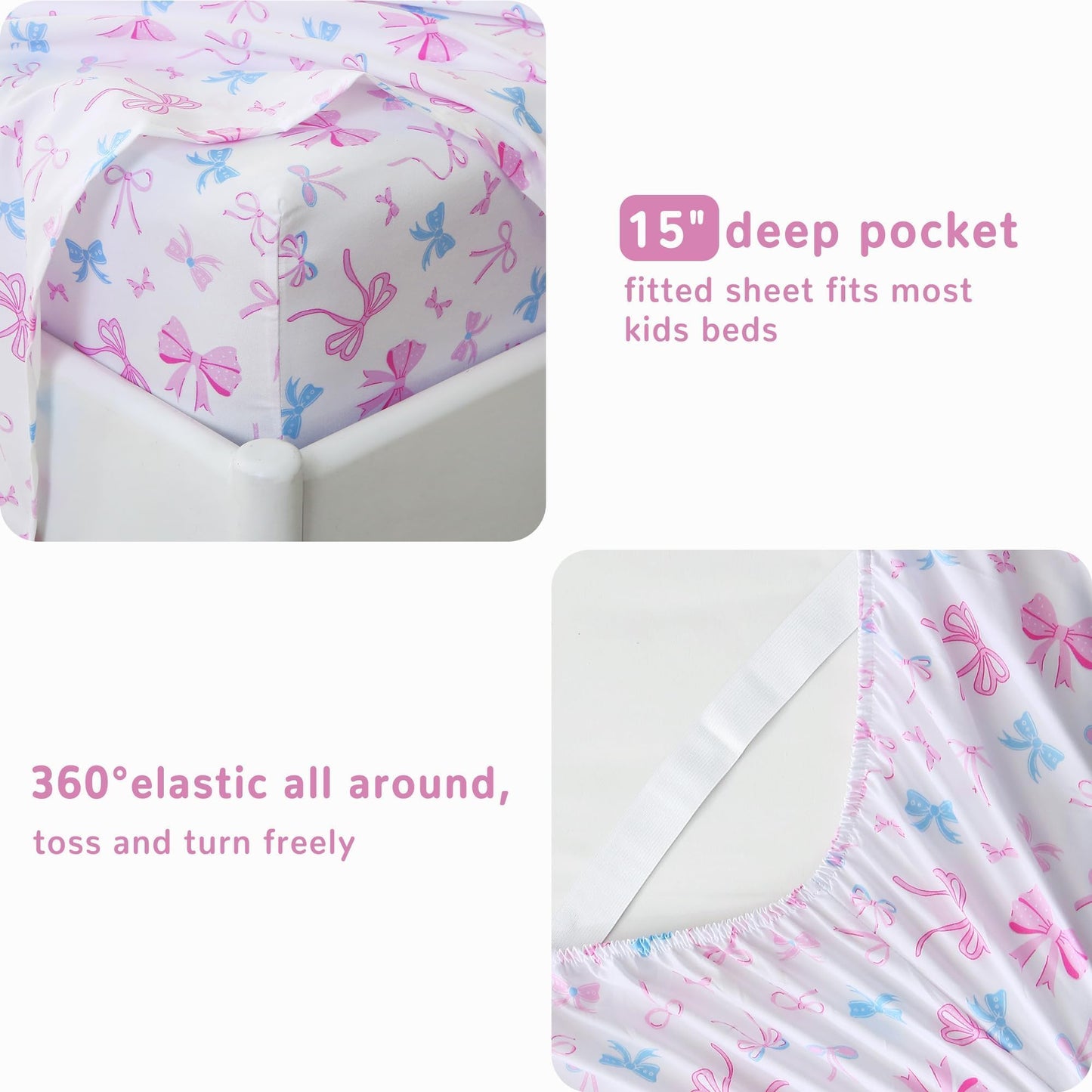 Softan Kids Bed Sheet Set, Girls Twin Size Kids Sheets, Microfiber Fitted Sheet and Pillowcase, Breathable and Silky Soft, 3 Piece Colourful Bowknot Printed Twin Bed Sheet
