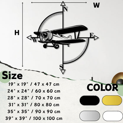 yumcake Metal Airplane Compass Wall Decor, Airplane Metal Wall Art, Aviation Themed Wall Decor for Living Room, Bedroom(Black,35" x 35" / 90 x 90 cm)
