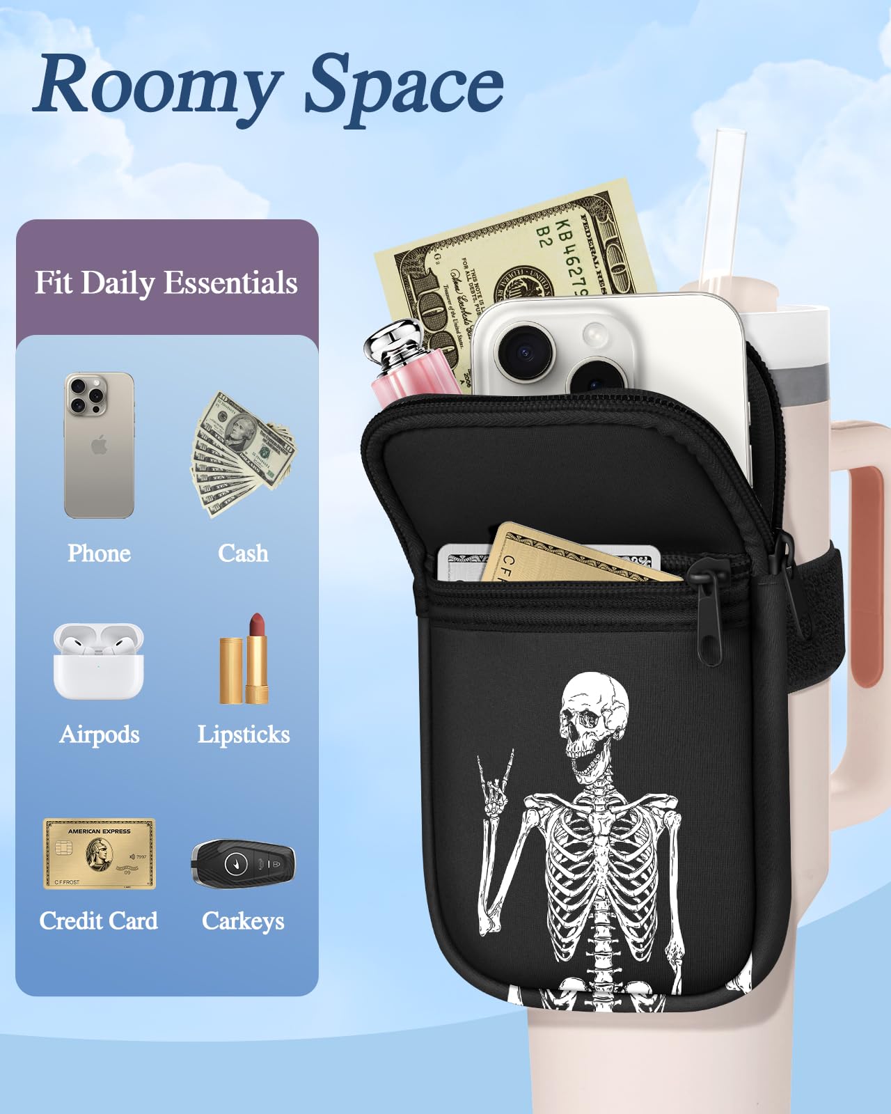 Water Bottle Pouch Backpack For Stanley Quencher Cup - Black Skeleton Print 40 30 oz Tumbler Bag Purse Pack Wallet For Phone Keys Gym Accessories