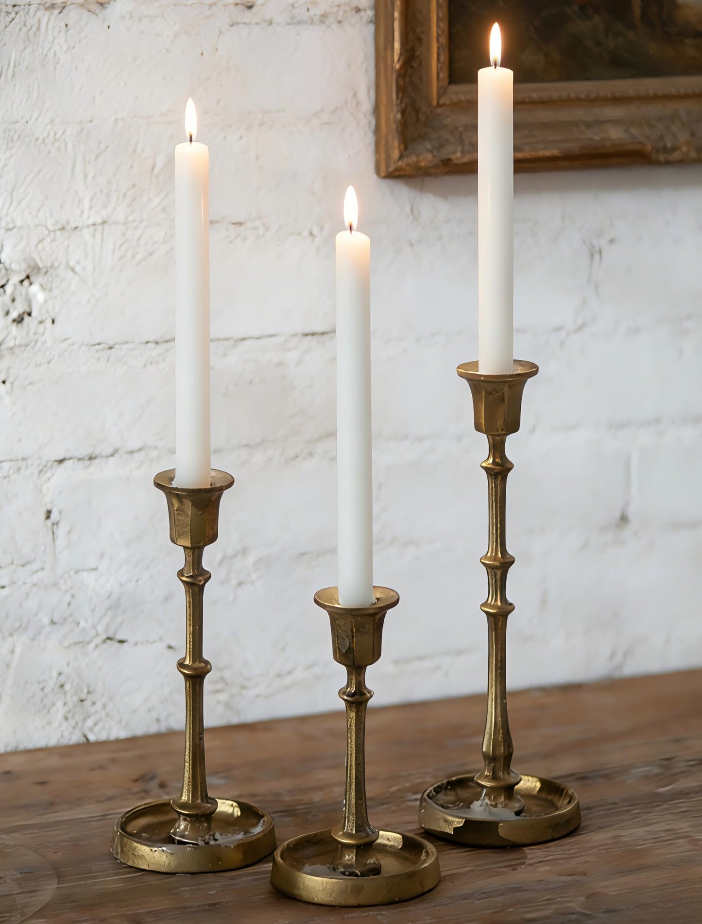 NUPTIO Cast Iron Candlestick Holders: Antique Brass Taper Candle Holders with Unique Drip Wax Aesthetics - Set of 3 Gold Candle Sticks Holder Fireplace Mantel Decor