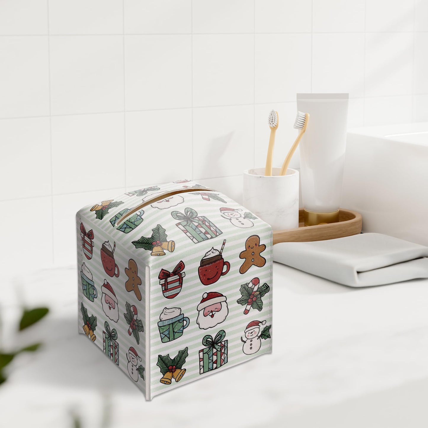 Merry Christmas Tissue Box Holder, Cute Santa Bow Leather Tissue Box Cover Square, Paper Facial Decorative Tissues Cover for Night Stands Bathroom Kitchen Office Home Decor-B30