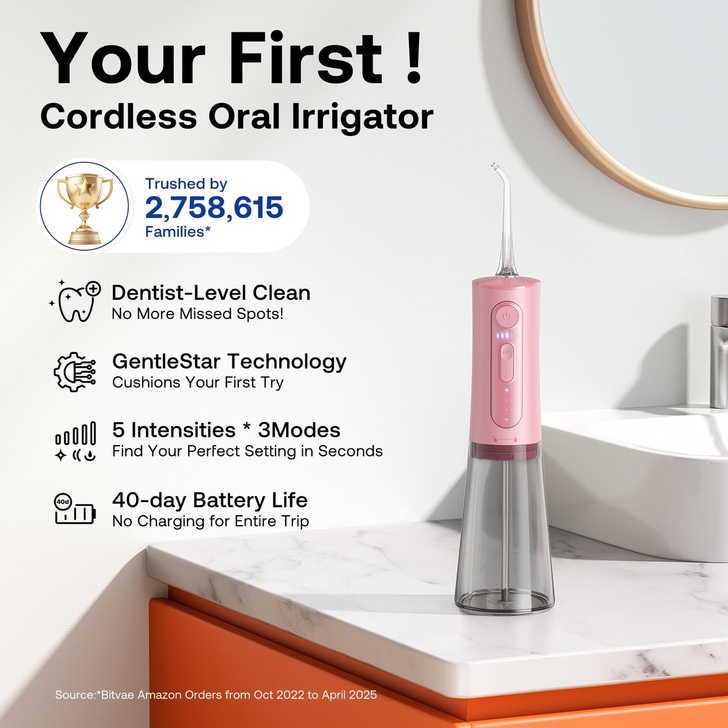 Bitvae Water Dental Flosser for Teeth, Cordless Water Teeth Cleaner Picks, 3 Modes 5 Intensities, IPX7 Waterproof, Rechargeable Water Dental Picks for Cleaning - Black