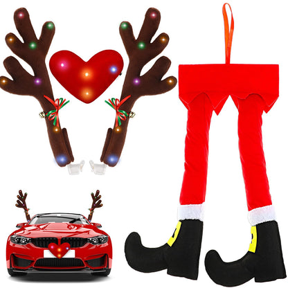 Frienda 2 Pcs Car Reindeer Antler Kit Christmas Decorations with LED Lights Hanging Santa Claus Legs and Deer Nose Star Candy Canes Auto Accessories for Christmas Car Decorations (Cute Style)