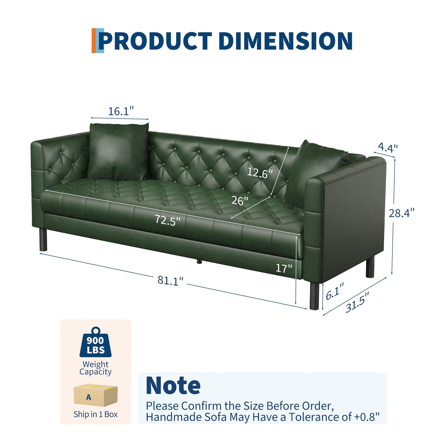 Garvee 81 in Leather Couch for Living Room, Modern Leather Sofa with Deep Seat, Handmade Button Tufted 3 Seater Sofa, Chesterfield Couch for Apartment or Office, Black, Green