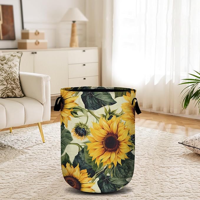 Retro Sunflower Laundry Basket, Floral Laundry Hamper Collapsible Oxford Cloth