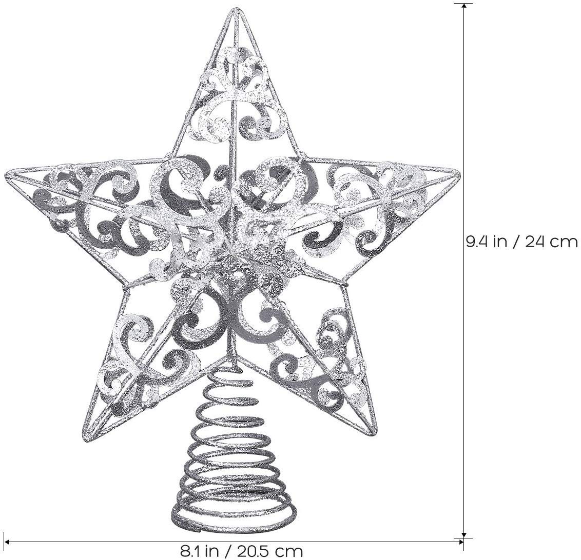Wrought Iron Silver Star Tree Topper 9.84 Inch Christmas Tree Decoration with Hollow Design for DIY Lights