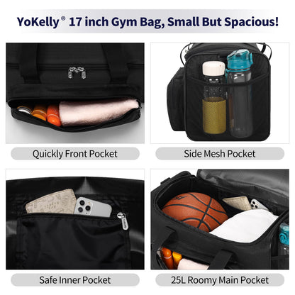 YoKelly 25L Small Gym Sport Duffle Bag - 17 Inch Weekender Overnight Bag for Travel, Workout, Fitness - Black