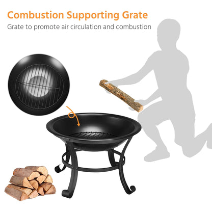 Yaheetech Round Steel Fire pit for Garden Fire Bowl Outdoor Fire Pit Charcoal Log Wood Burner Patio Heater with Mesh Screen Cover & Poker for Camping Bonfire Picnic