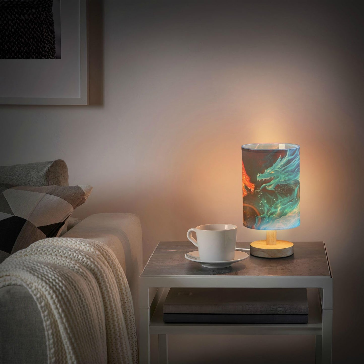 Blue Red Fire Dragon Table Lamp for Bedroom Bedside Lamp Desk Lamps Cylinder Nightstand Lamp for Living Room Office Decor