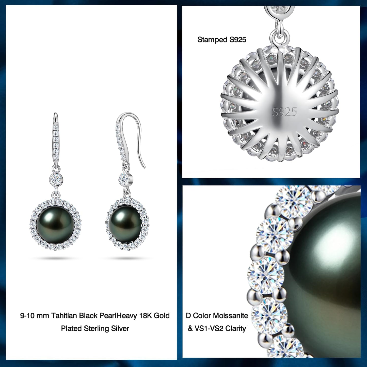 Genunie Tahitian Black Pearl Drop Dangle Earrings - Mother Day Mom Birthday Gifts for Wife Women Anniversary Wedding, AAAA 9-10mm Ocean-Grown Pearls Sterling Silver Unique Moissanite Jewelry