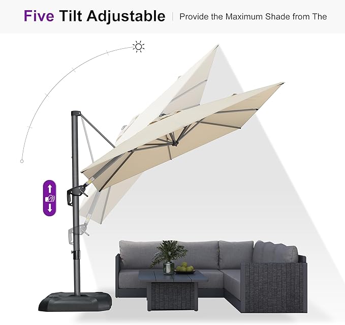 PURPLE LEAF 8'×8' Patio Cantilever Umbrella with Base Included Offset Outdoor Umbrella with cover Square umbrella outdoor patios for Backyard Pool Garden Beige