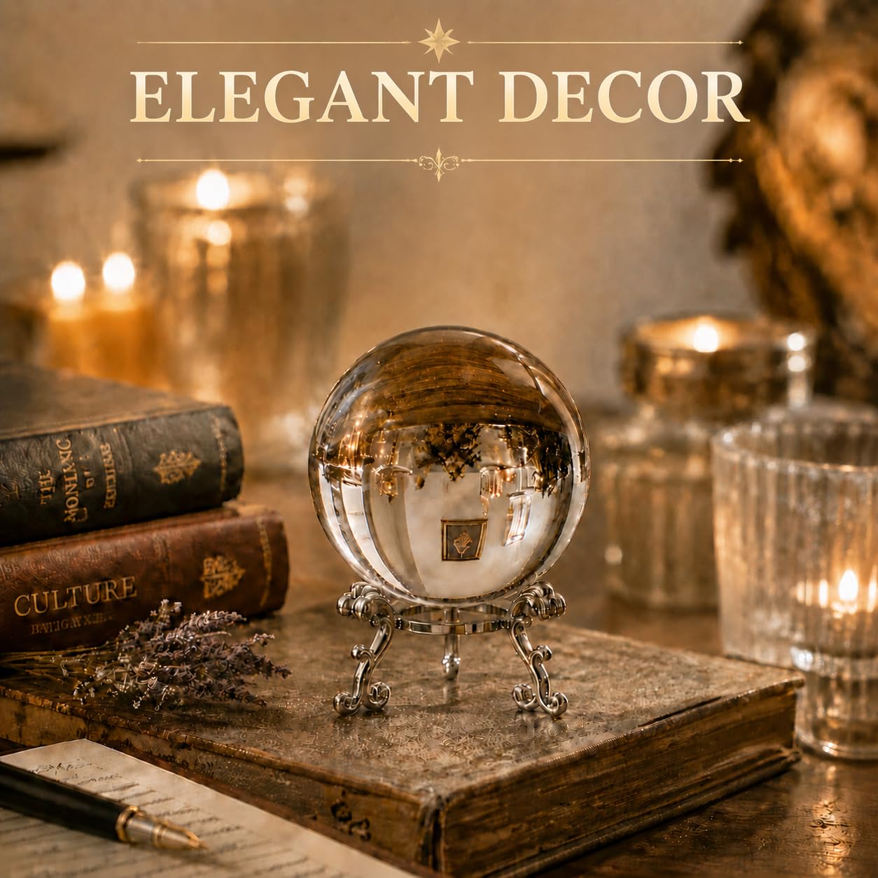 Woodvine Crystal Ball 80mm Clear K9 Crystal Sphere with Metal Stand and Gift Box, Lensball Photography Prop, Home Decor, Feng Shui Decorative Gift (Clear-80mm)