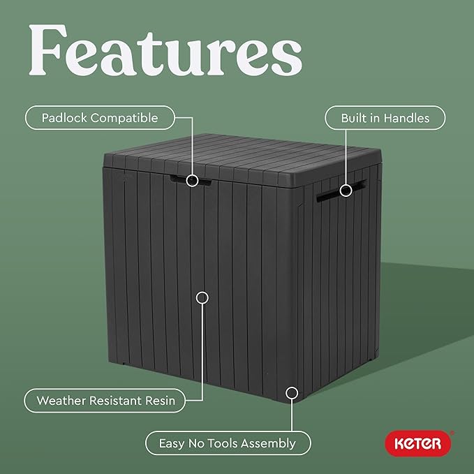 Keter City 30 Gallon Resin Outdoor Storage Box & Patio Side Table for Balcony, Pool, Deck & Garden Accessories, Weather‑Resistant, Dark Grey