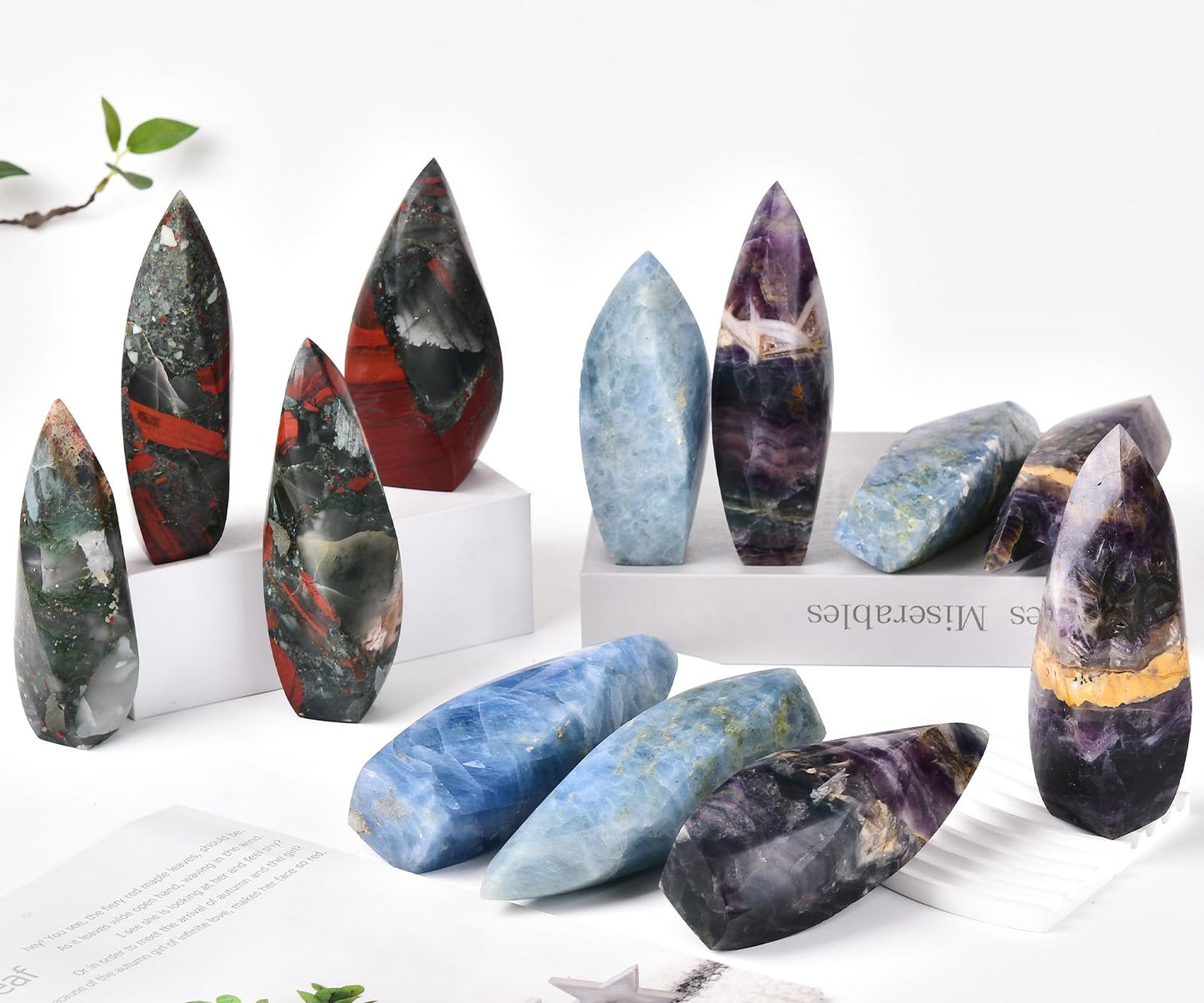 JIC Gem Large Blue Calcite Celestite Healing Crystal Obelisk Tower Spiral 4 Sides Point Energy Gemstone Home Decor 1.1-1.7 Lbs