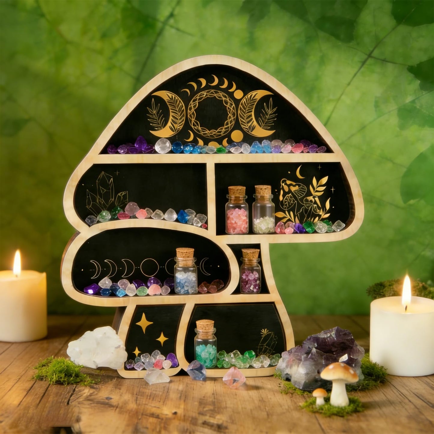 Zetosva Mushroom Gifts Floating Shelves, Crystal Display Shelf & Crystal Holder, Cute Mushroom Wall Decor and Mushroom Shelves, Trinket Shelf Rock Display Case, for Unique Home Decor