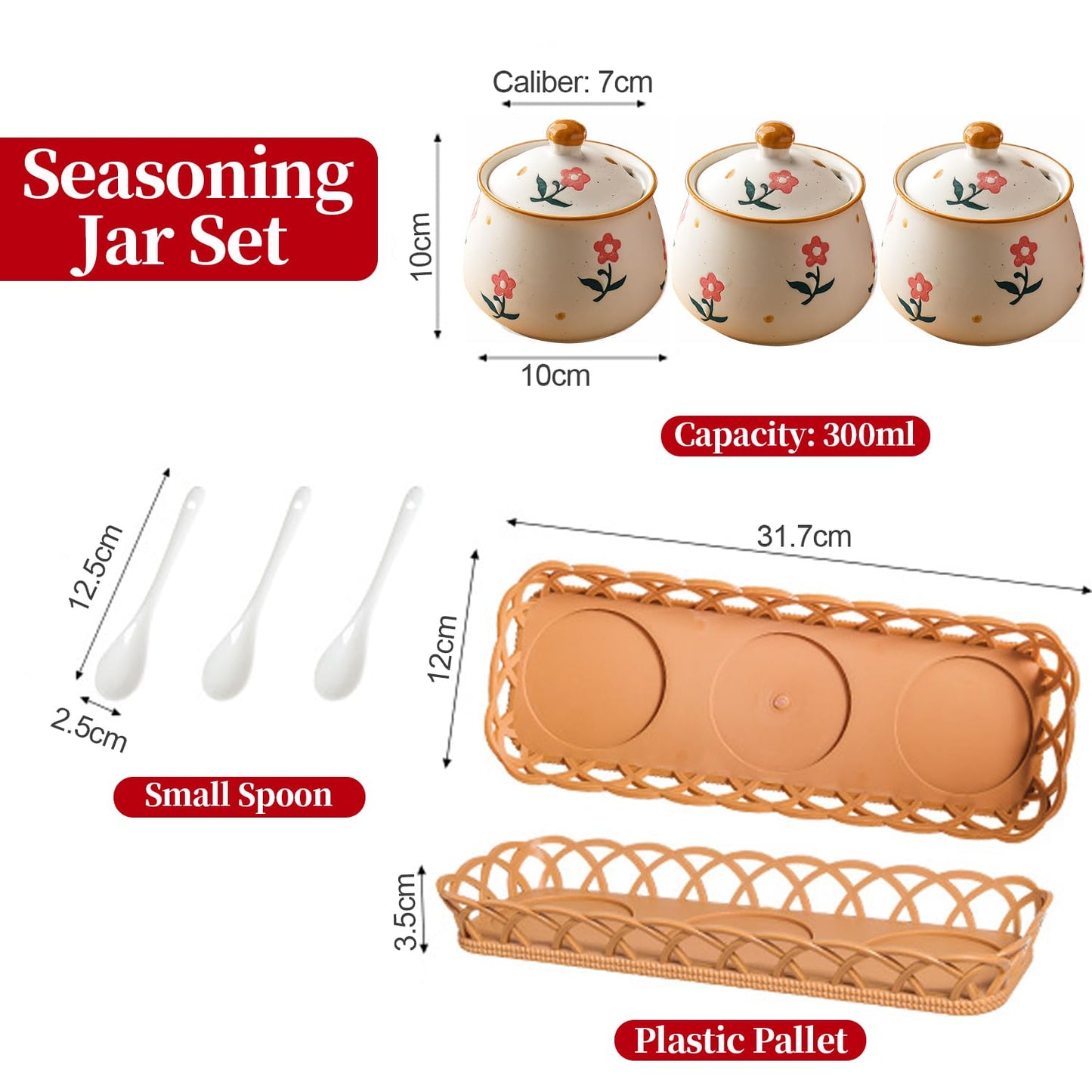 Orkim Kitchen Ceramic Condiment Jars with Lids and Spoons, 3 Piece Porcelain Seasoning Jar Set for Salt Spice Pepper Suger Bowl, Coffee Tea Container Pot with Serving Tray - A Pink Flower