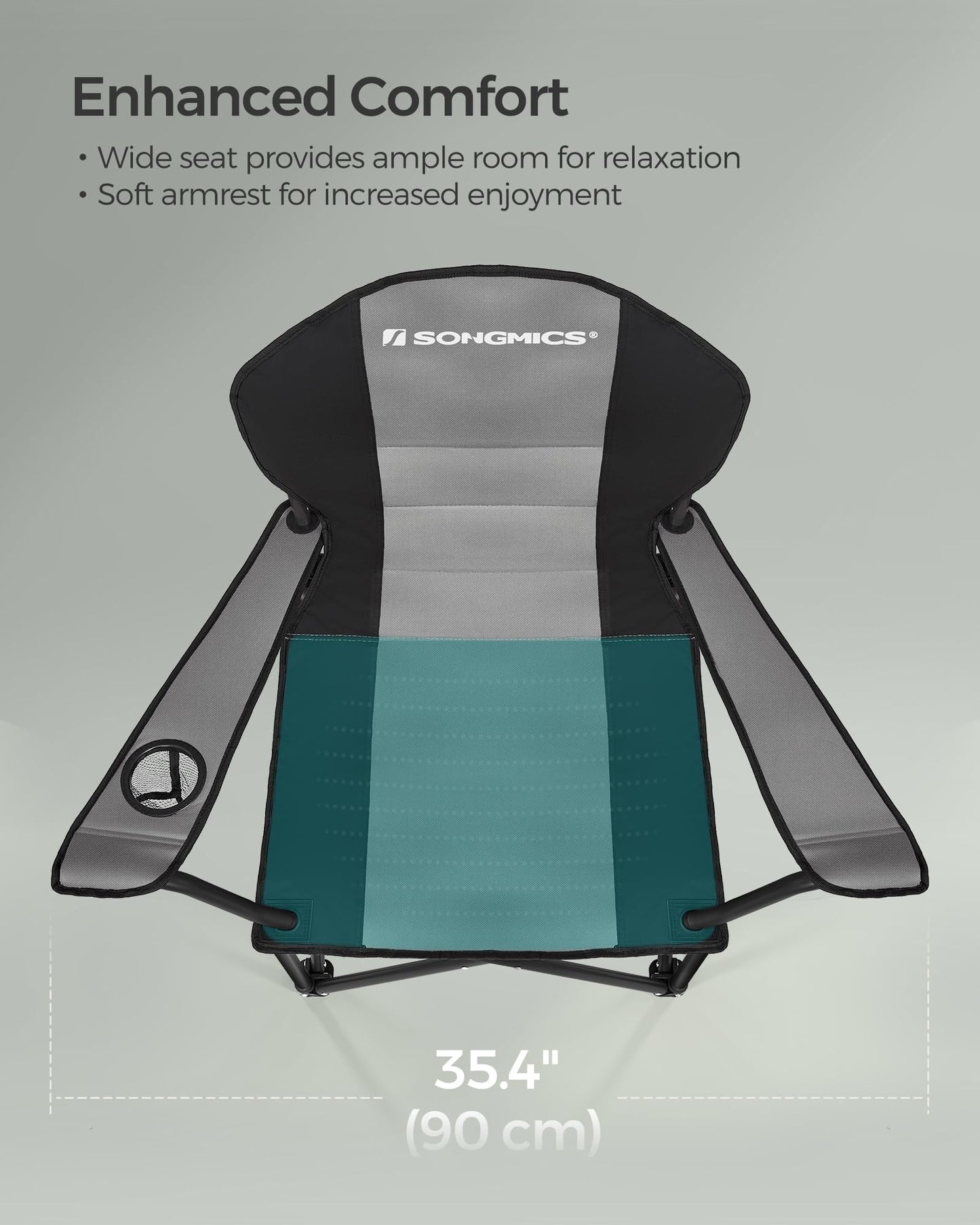 SONGMICS Folding Camping Chair, with Comfortable Sponge Seat, Cup Holder, Heavy Duty Structure, Max Load Capacity 551 lb, Outdoor Picnic Chair, Gray and Black UGCB006G01