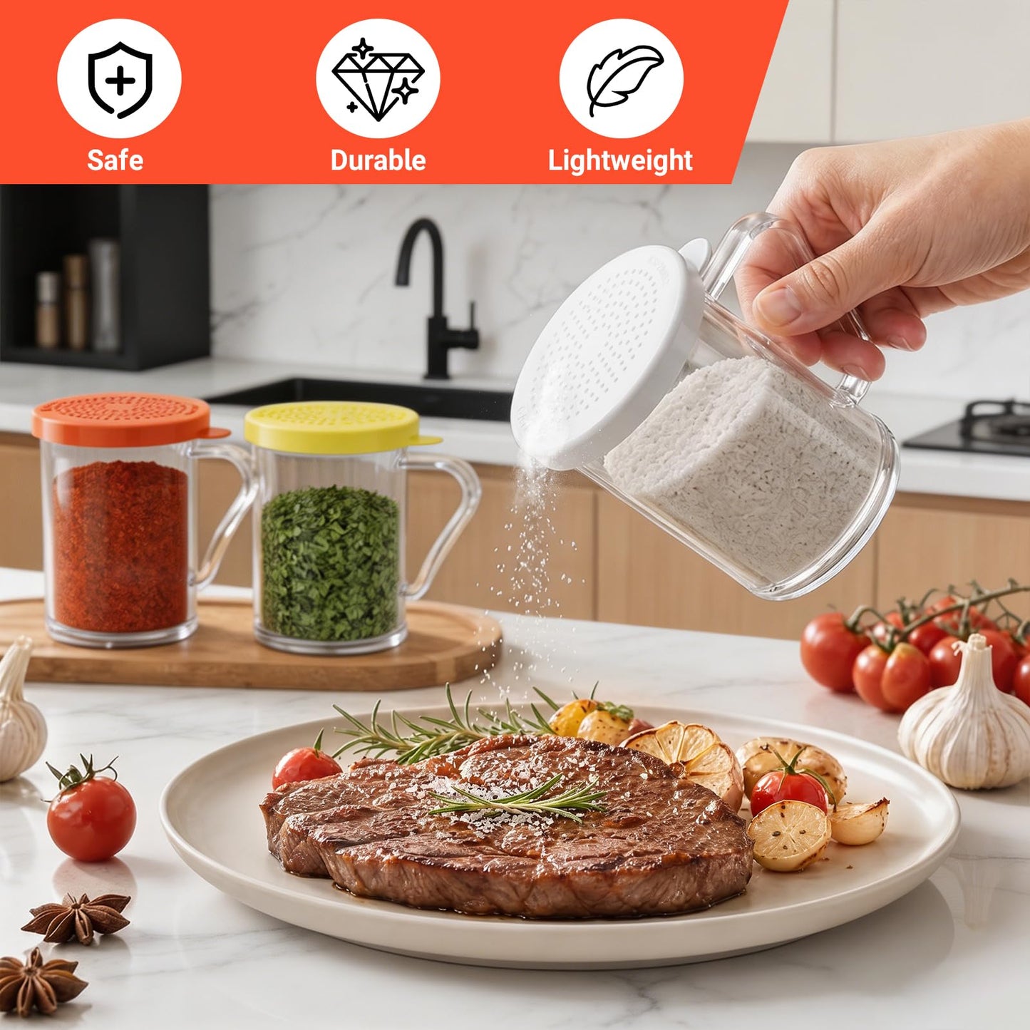 GATBO 4-Pack Plastic Dredge Shaker Set, 10 oz Clear Flour & Sugar Dispensers with Handles, Commercial Seasoning Shakers for Powder, Spices & Herbs, 4 Bodies & 4 Lids with Different Hole Sizes