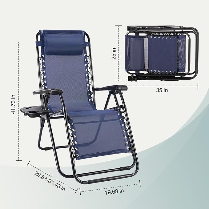 NEWBULIG Zero Gravity Chair Set of 4, Lounge Chair Folding Portable Adjustable Camping Reclining Chairs with Adjustable Pollow, Mesh Back, Cup Holder Trays Lawn Patio Chair for Pool Beach - Blue