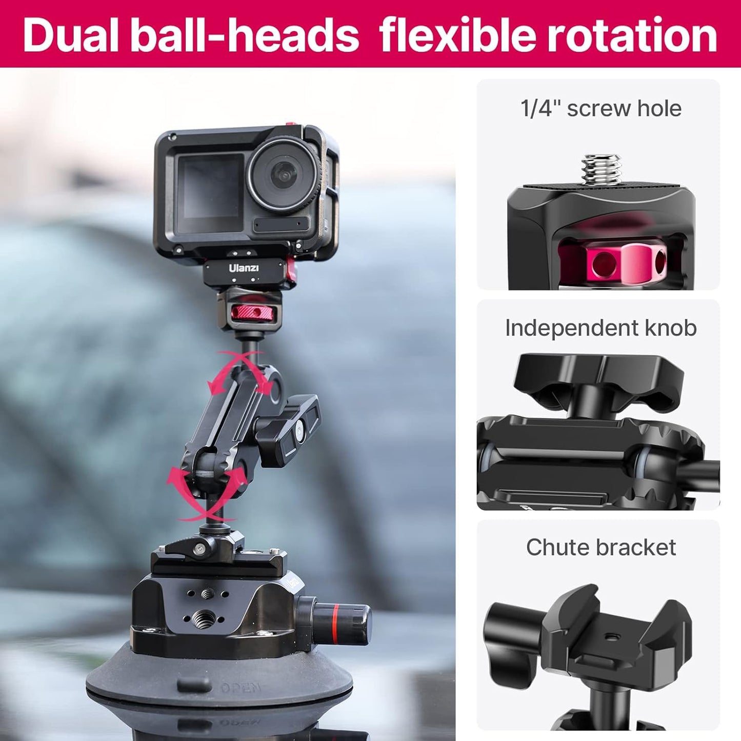 ULANZI SC-02 Suction Mount 4.5'', Magic Arm Bracket for DSLR Cameras Action Camera Video Shooting Filming, Compatible with DJI OSMO Pocket 3 Pocket 4/Insta 360 x5/OSMO 360/Sony/Xtra Action Cameras