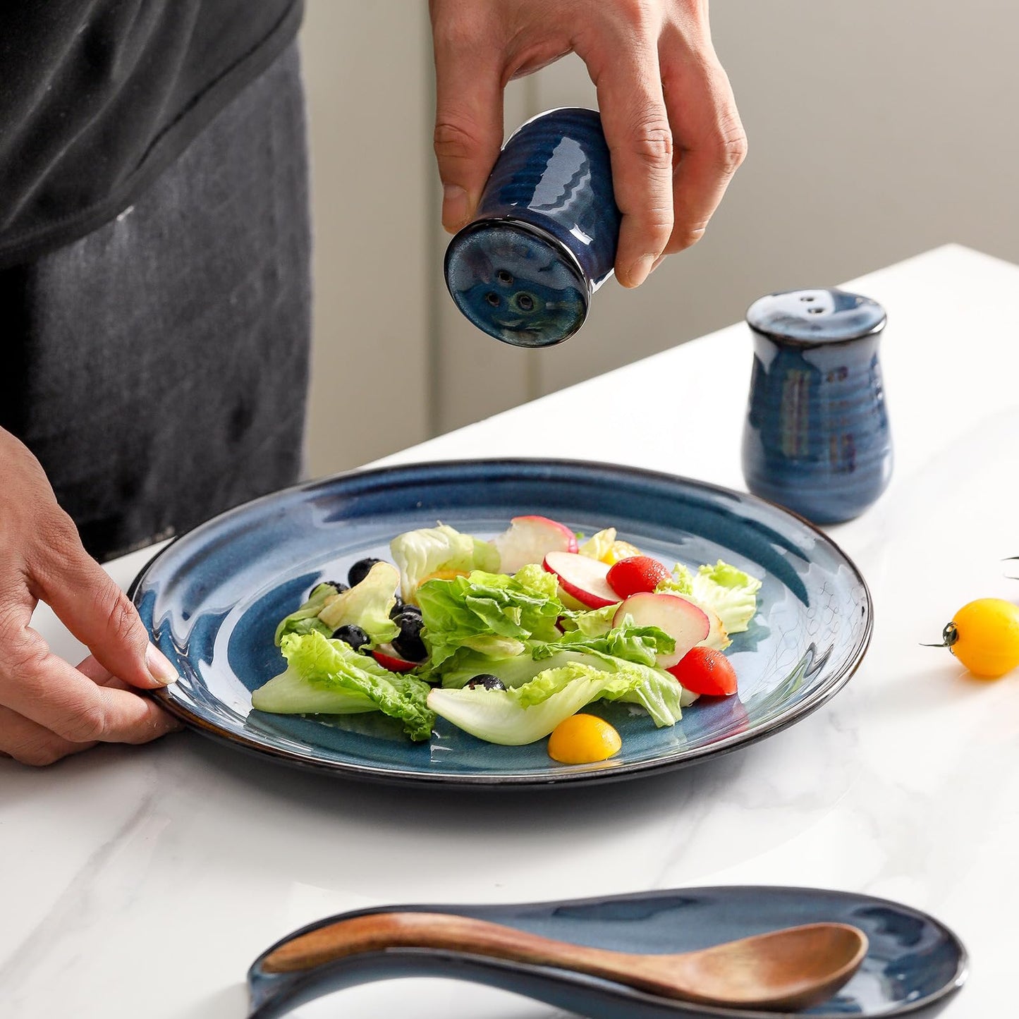 Hasense Ceramic Salt Pepper Shakers and Butter Dish Set, 2 Pieces Navy Reactive Glaze Dinnerware Accessories Set Perfect for Home Decor, Kitchen Housewarming Gift