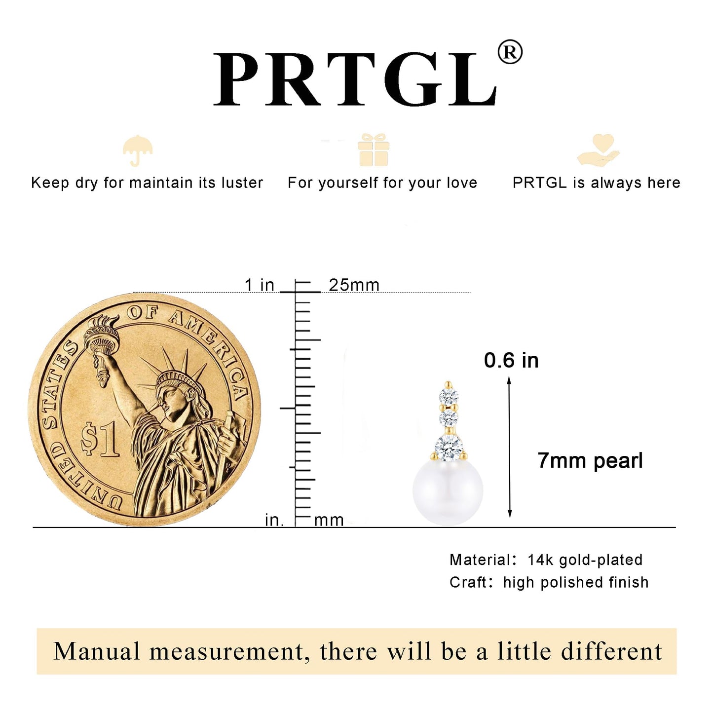PRTGL Pearl Earrings - 14K Gold Plated Pearl Cubic Zirconia Drop Wedding Earrings for Bridal Bridesmaid Women
