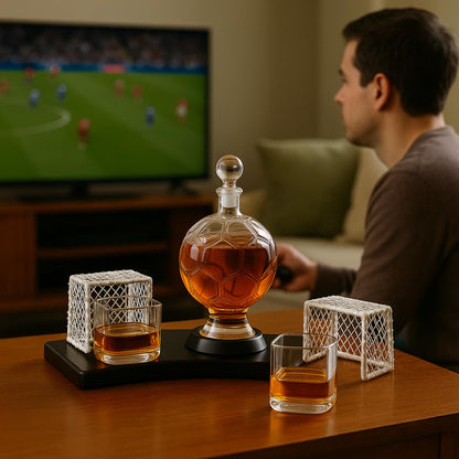 Soccer Whiskey Decanter Set with 2 Glasses & Goal Holder – Football-Shaped 25.9 oz Liquor Decanter Gift Set – Barware for Bourbon, Scotch, Rum – Unique Gift for Men, Sports Fans, Coaches