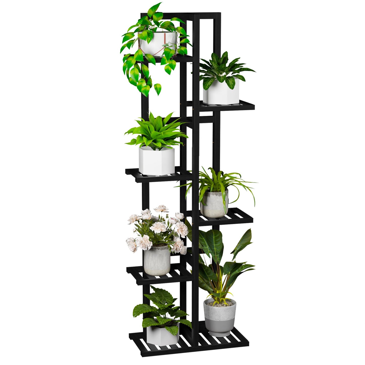 ROMGUAR CRAFT 6 Tier Bamboo Plant Stand Indoor, Wood Tall Flower Holder Corner Tiered Plant Shelf for Multiple Plants (Black)