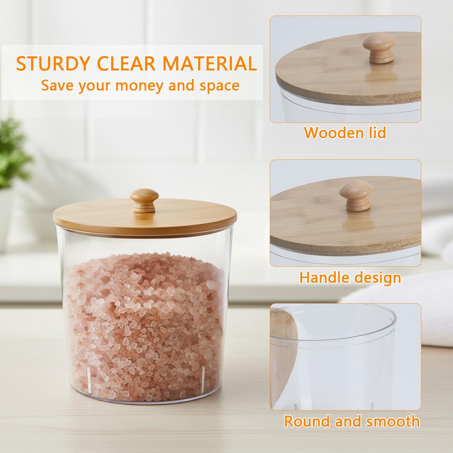 Yomjarl Bath Salt Container,2 Pack Clear Plastic Storage Bathroom Canisters with Wooden Lids & Handle,Airtight Bath Salt Dispenser Jars for Bathroom Organization Accessories,Bathtub Decor Box- Round