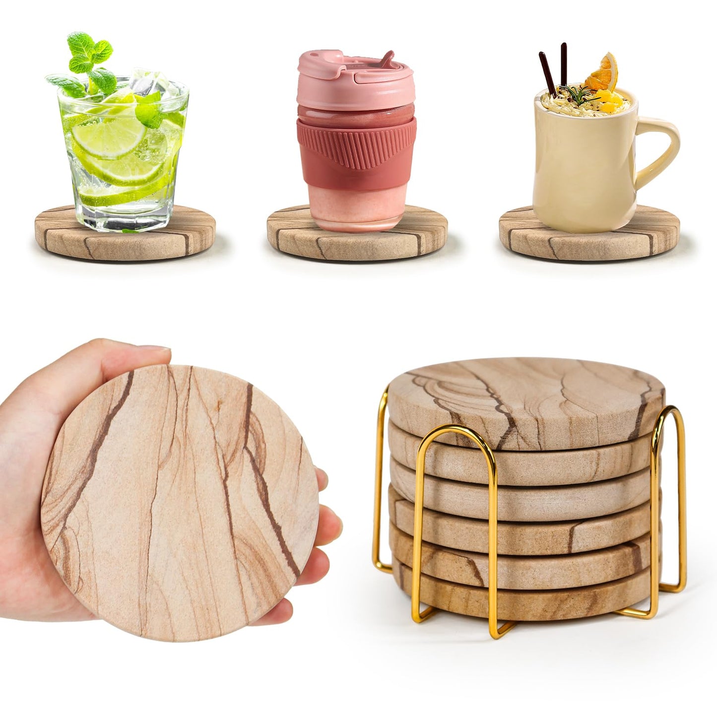 Almagic Natural Sandstone Coasters Set of 6 with Holder, 4 in Dia, Round, Heat Resistant & Absorbent, for Home & Office