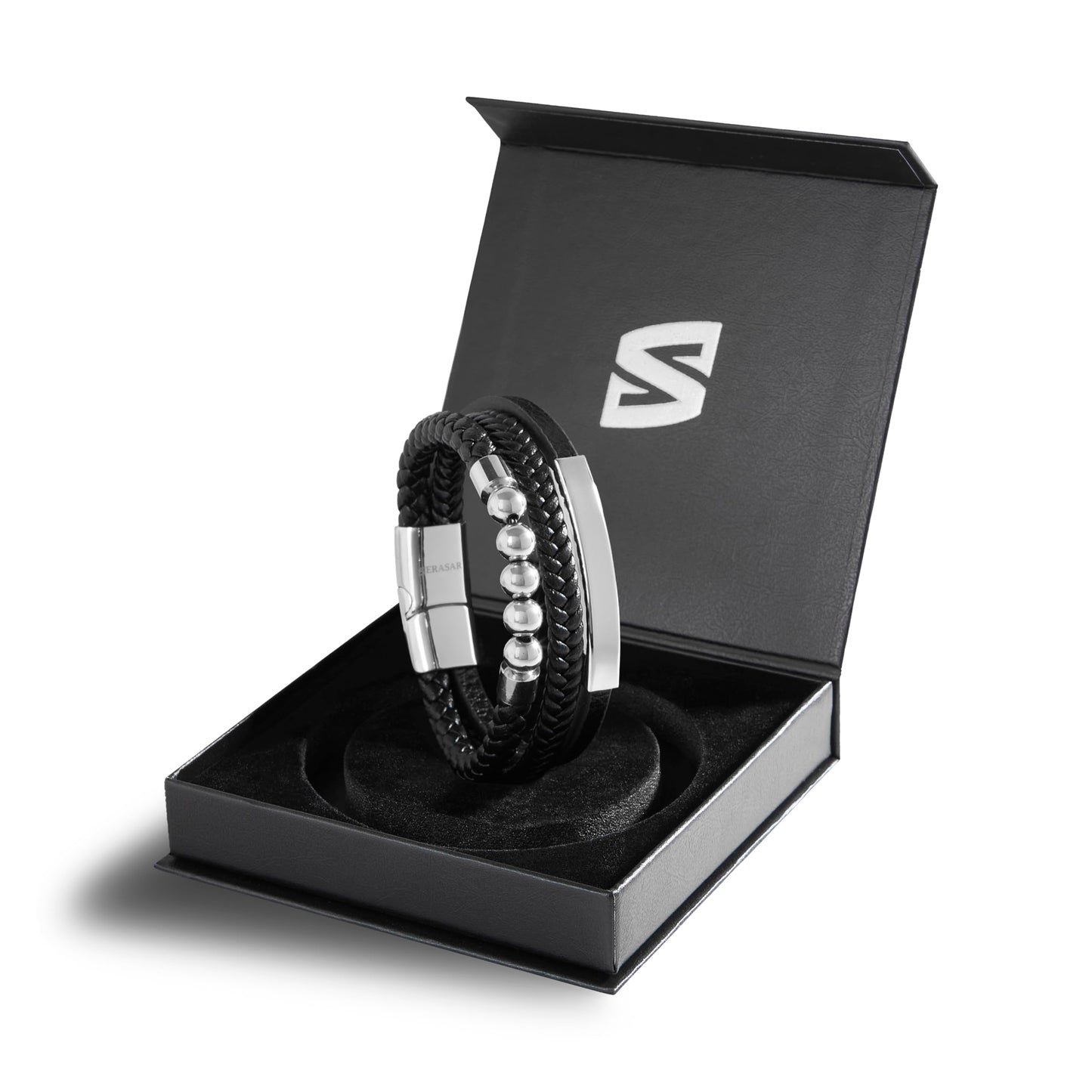 SERASAR Pulsera de cuero plateado para hombre 20cm Idea regalo Caja Piel vacuno trenzada genuino trenzado multicapa ajustable con cierre magnético