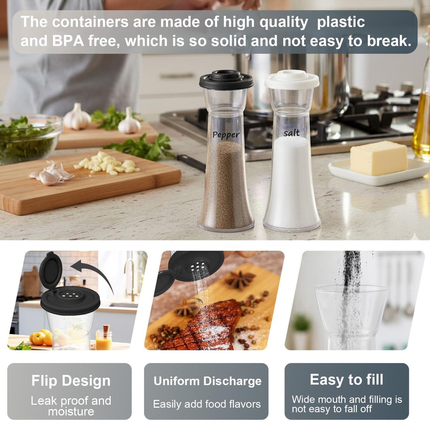 CEILUPY Salt and Pepper Shakers Set of 2, Large Clear Plastic Hourglass Shakers with 16 Pre-Printed Spice Labels, Moisture Proof Lids for Kitchen, Camping, Travel & Outdoor (Black & White)